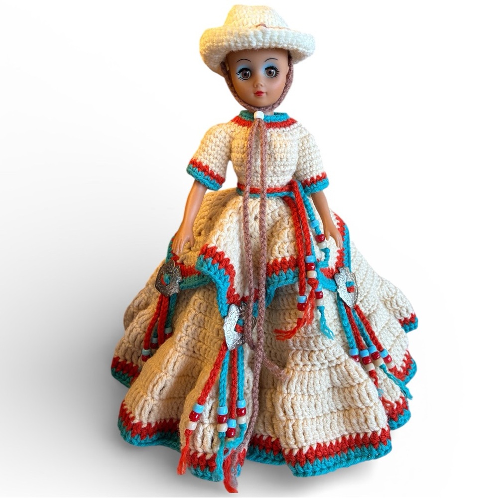 Crochet Western Doll with Hat Toilet Paper Roll fits Underneath Her Dress Orange